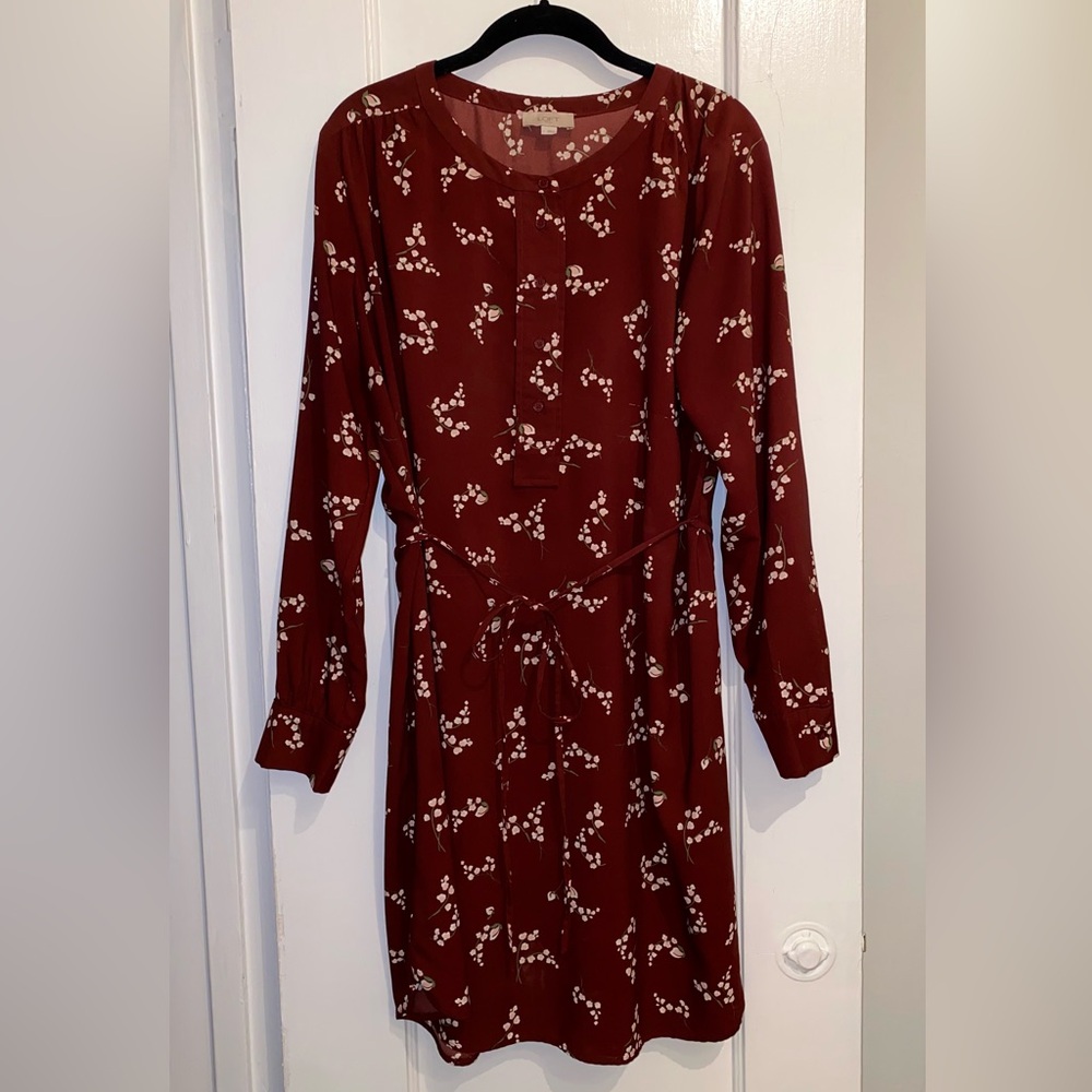ModCloth Burgundy Floral Print Long Sleeve Dress